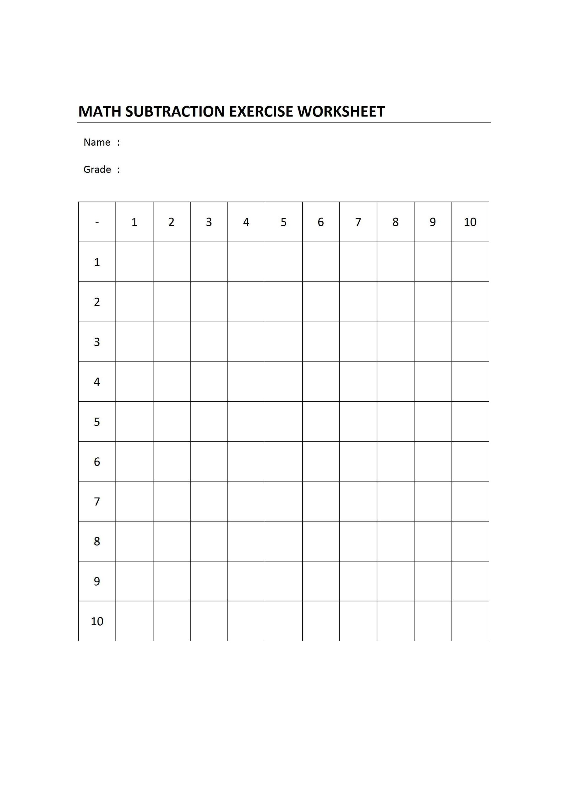 Example of Math Subtraction Table Worksheet Template