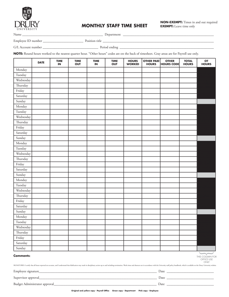 √ Free Printable Monthly Timesheet PDF