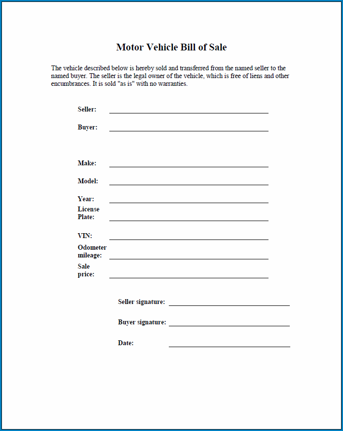 Example of Motor Vehicle Bill Of Sale Template