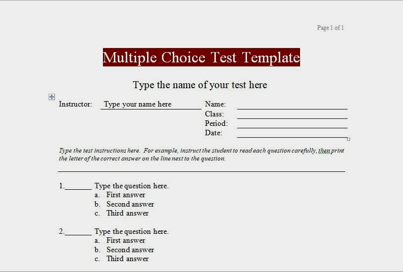 Example of Multiple Choice Test Template