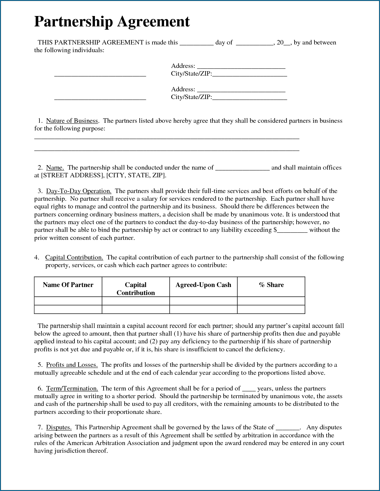 Example of Partnership Agreement Template