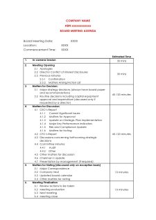 Example of Printable Board Meeting Agenda Template