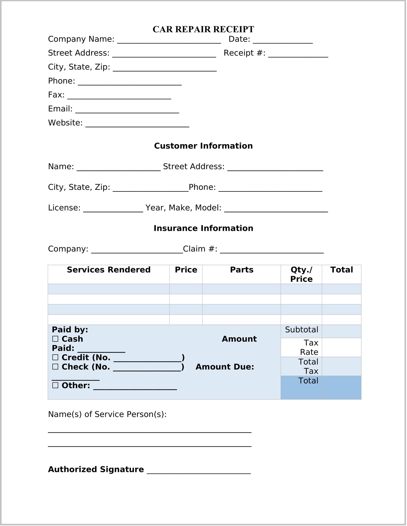 Example of Printable Car Repair Receipt Template Example of Printable Car Repair Receipt Template