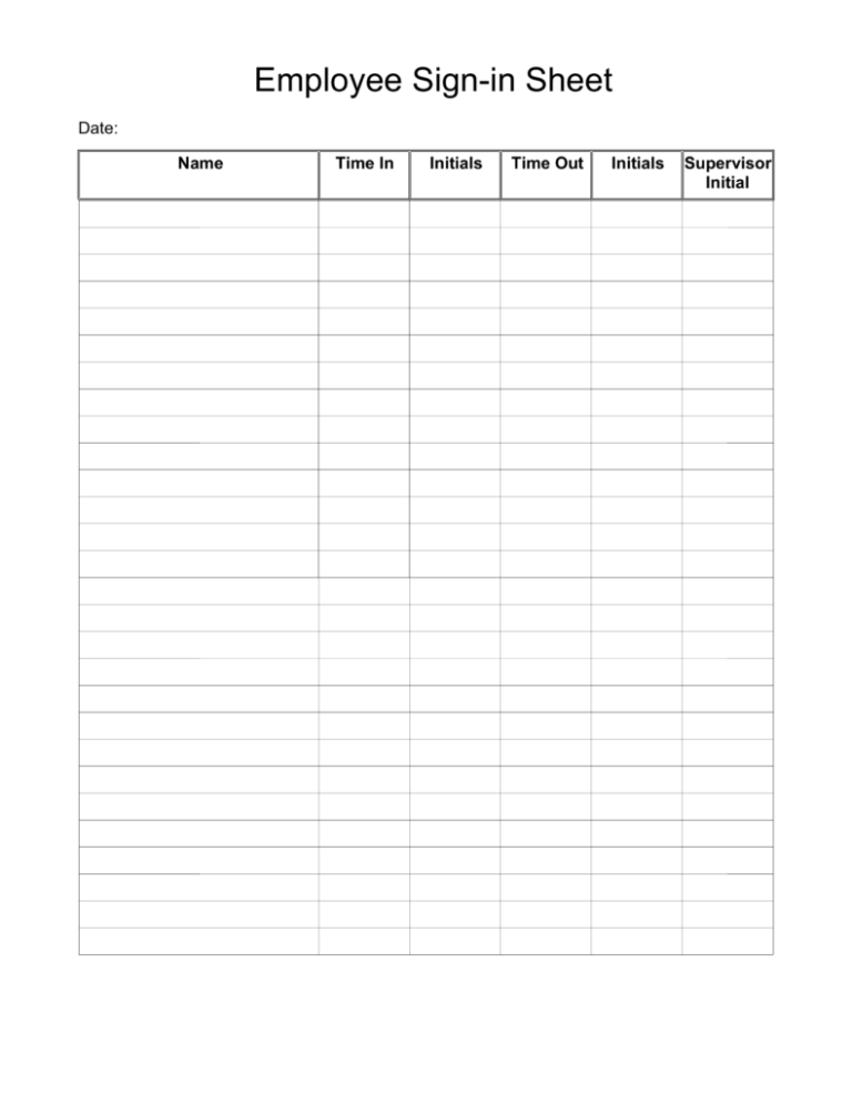 Example of Printable Employee Sign in Sheet Template Templateral