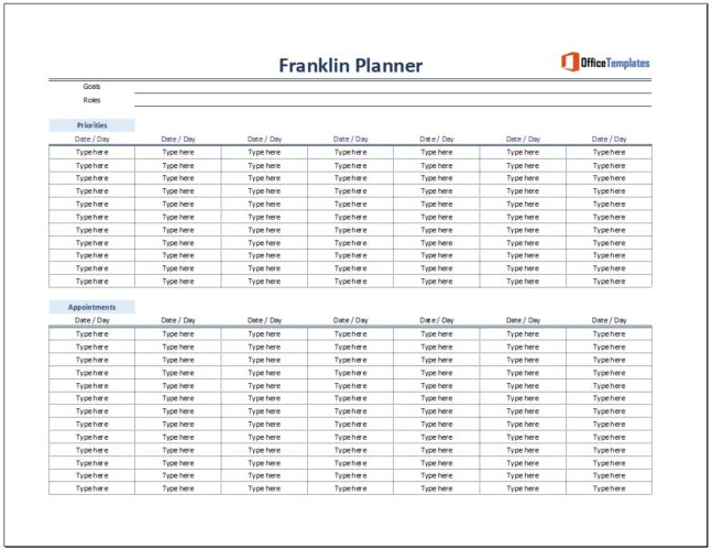 Example of Printable Franklin Planner Template | Templateral