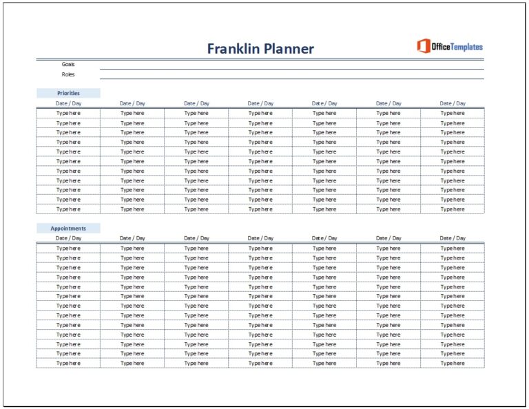 Example of Printable Franklin Planner Template | Templateral
