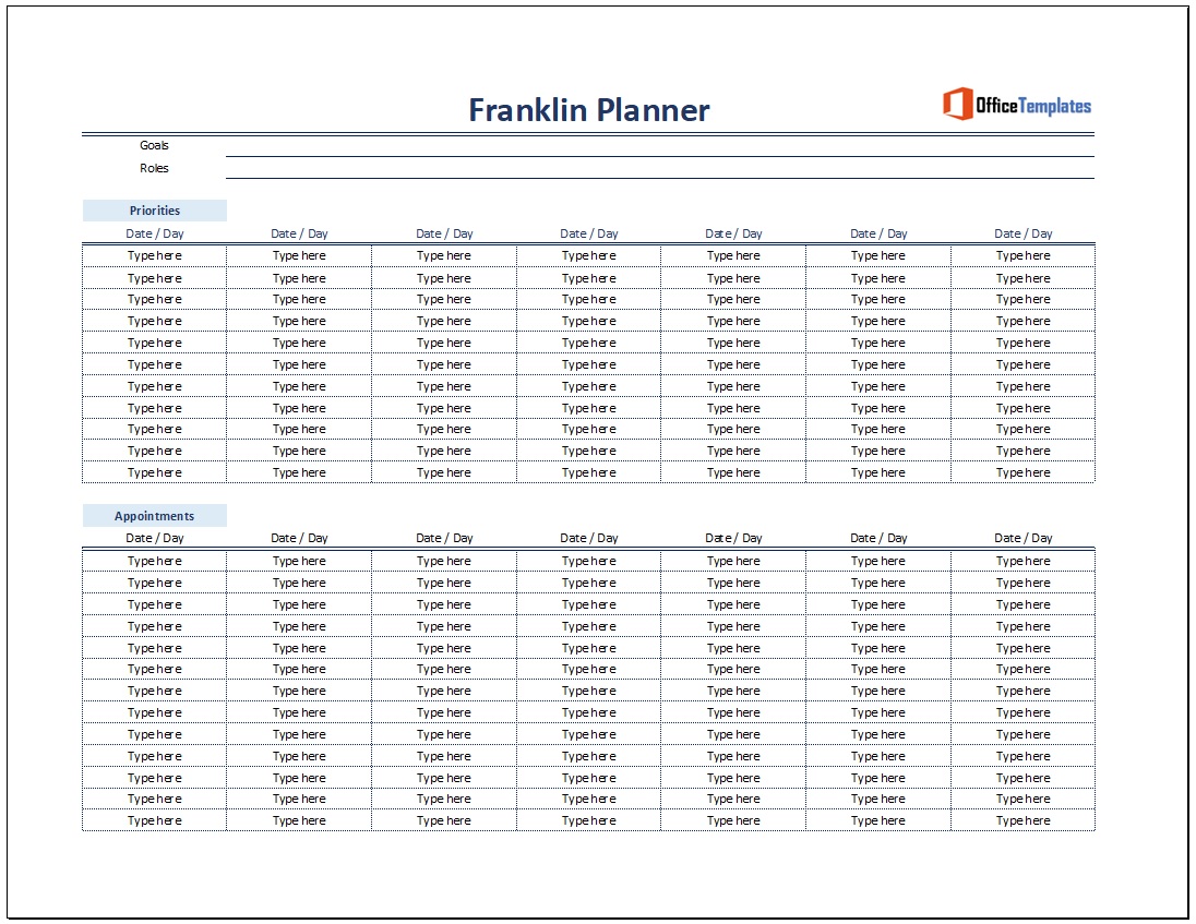 Example of Printable Franklin Planner Template