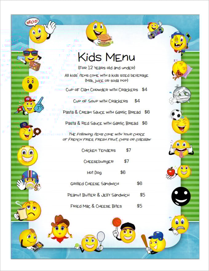 Example of Printable Kids Menu Template