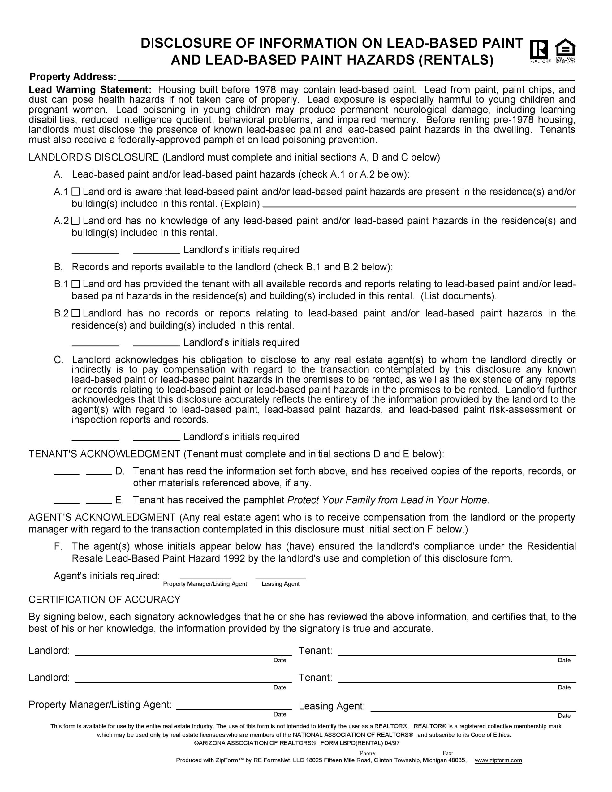 Example of Printable Lead Based Paint Disclosure Form