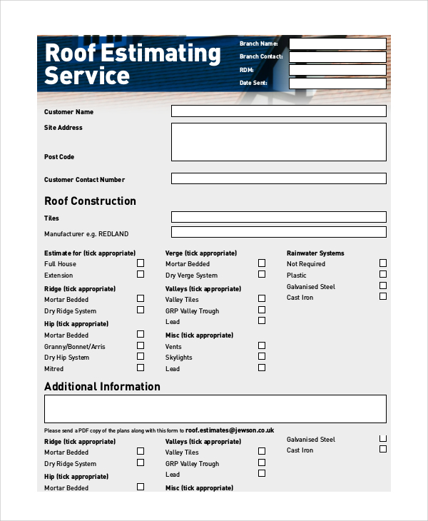 Example of Printable Roof Estimate Template Example of Printable Roof Estimate Template