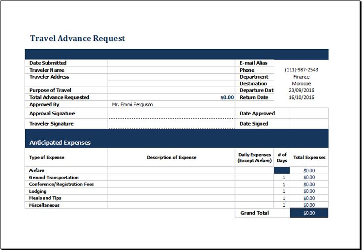 Example of Printable Travel Advance Request Form Example of Printable Travel Advance Request Form