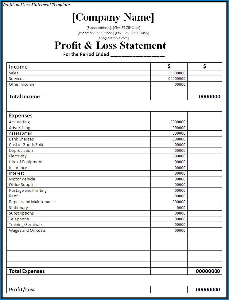 Example of Profit And Loss Account Template