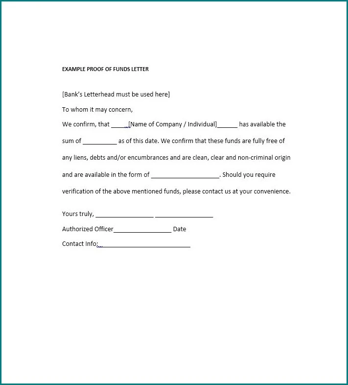 Example of Proof of Funds Letter Template