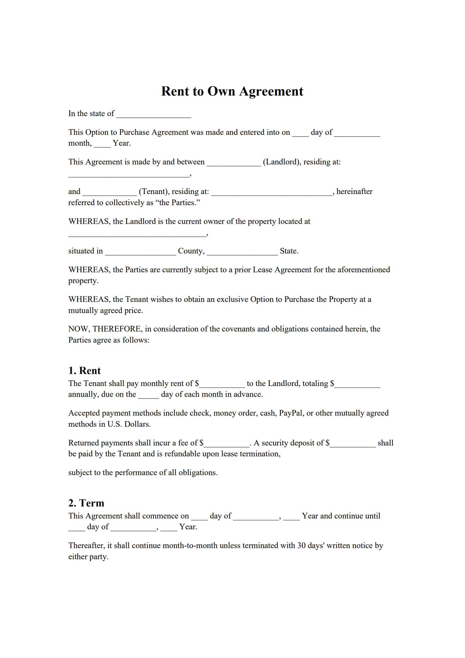 Example of Rent to own Agreement Template Example of Rent to own Agreement Template