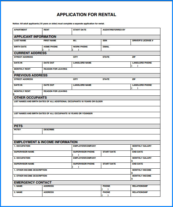 Example of Rental Application Form Word