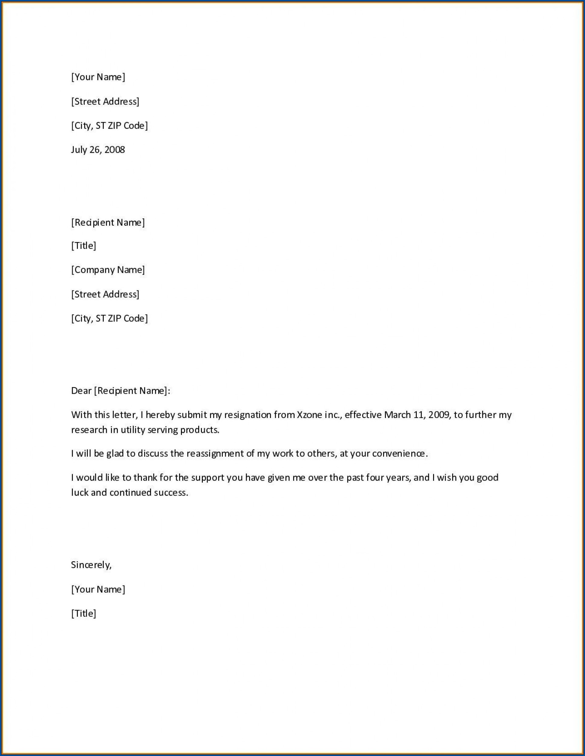 Example of Short Resignation Letter Template