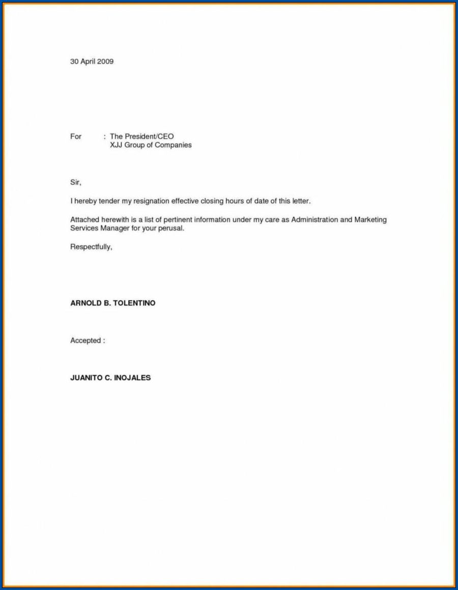 Example of Simple Resignation Letter Template