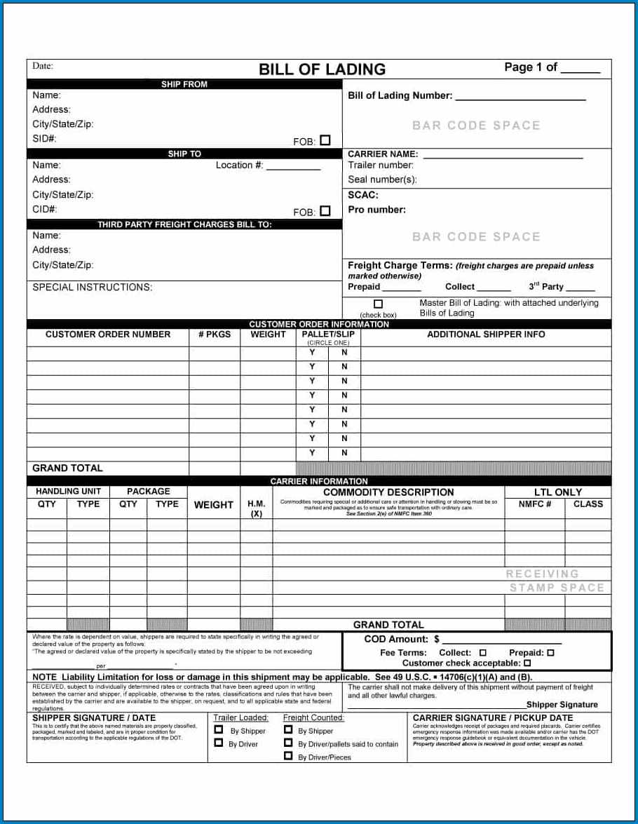 Example of Straight Bill Of Lading Form