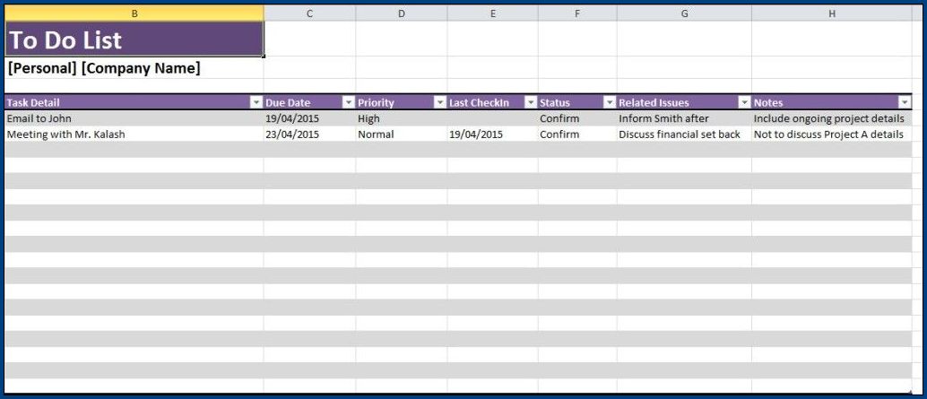 Example of Task List Template Excel Spreadsheet