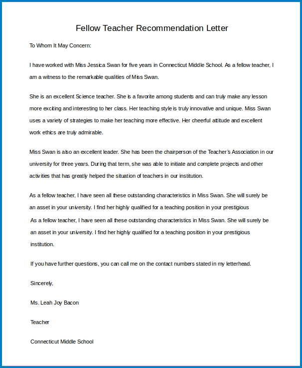 Example of Teacher Letter Of Recommendation Template