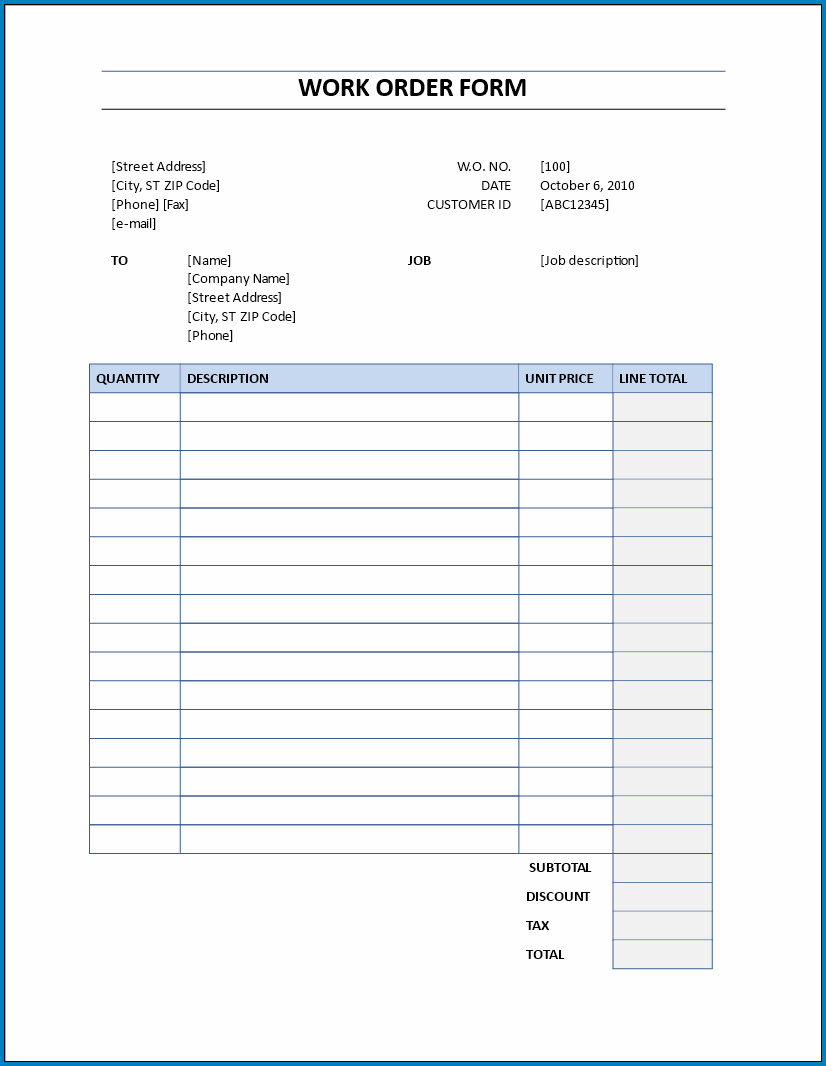 Example of Work Order Form