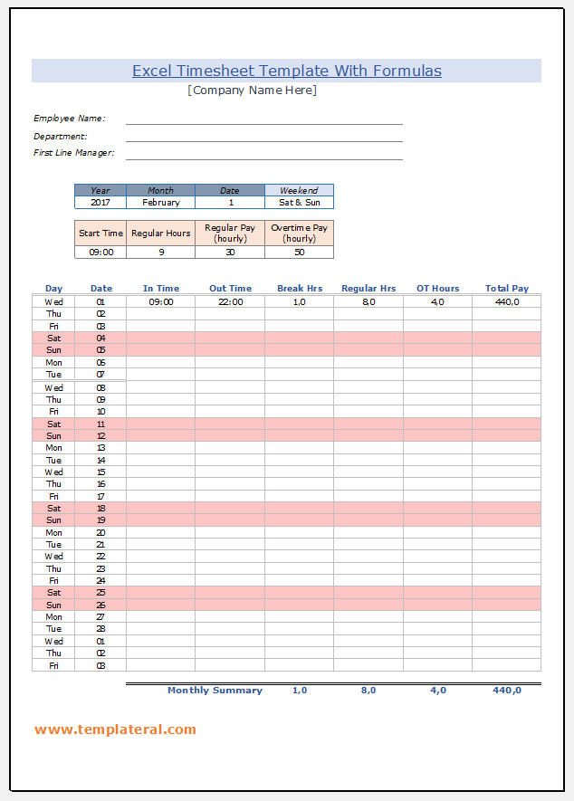 Excel Biweekly Timesheet Template With Formulas Database