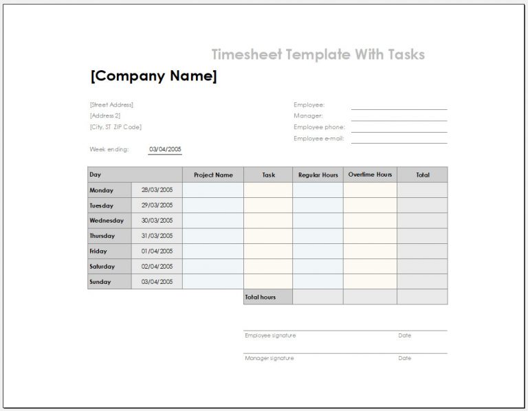 √ Free 4+ Samples of Excel Timesheet Template With Tasks