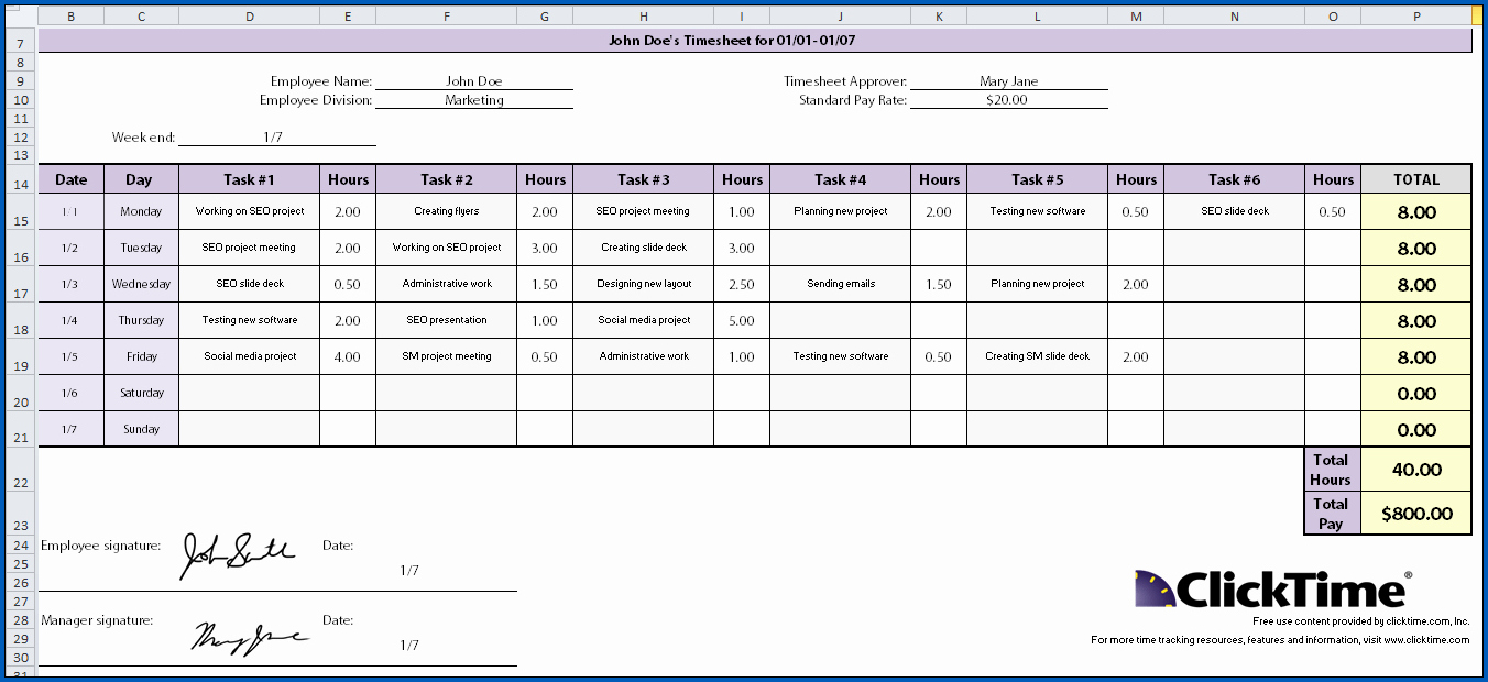 Excel Timesheet Template With Tasks Example