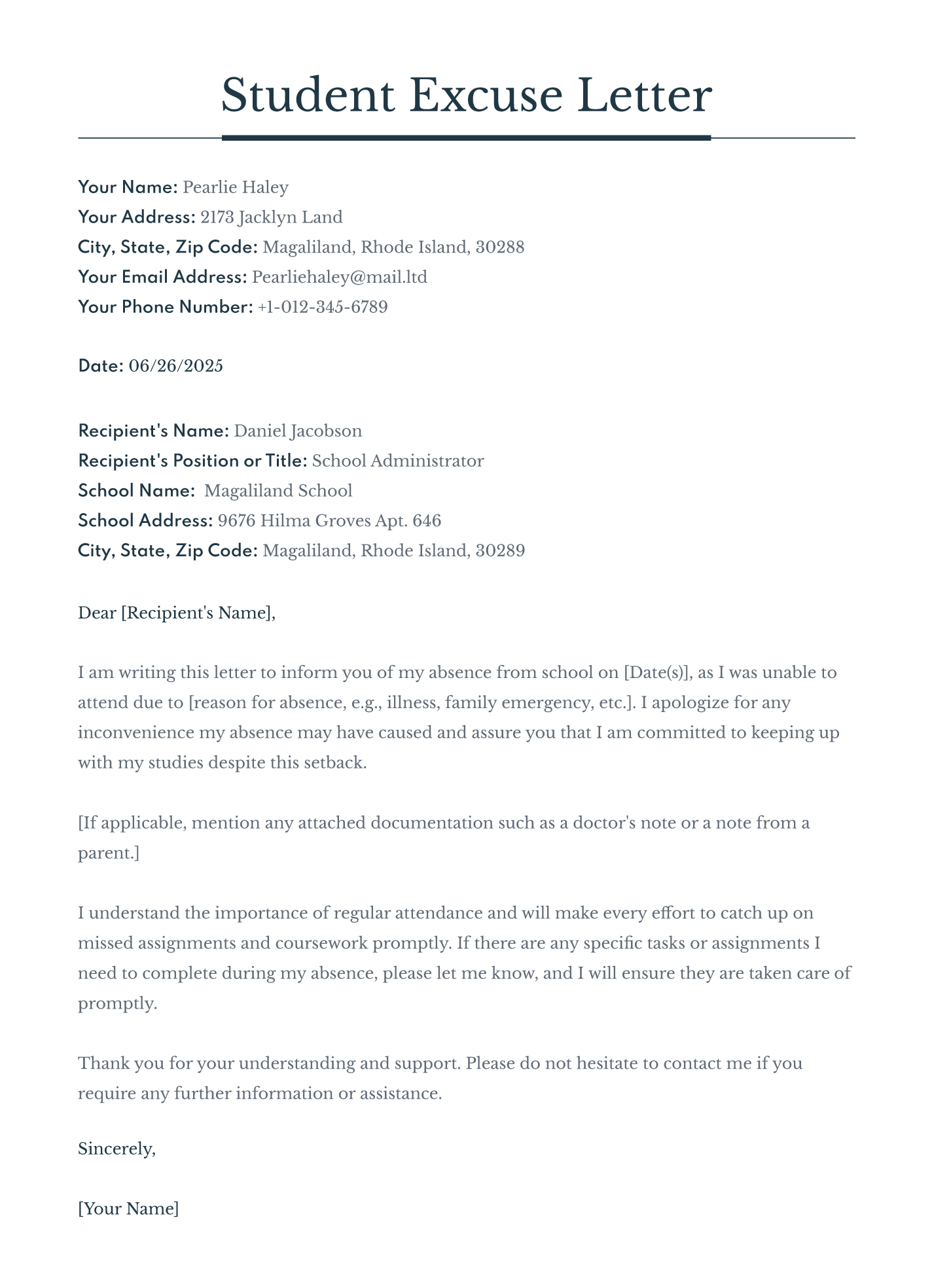 Excuse Letter Template