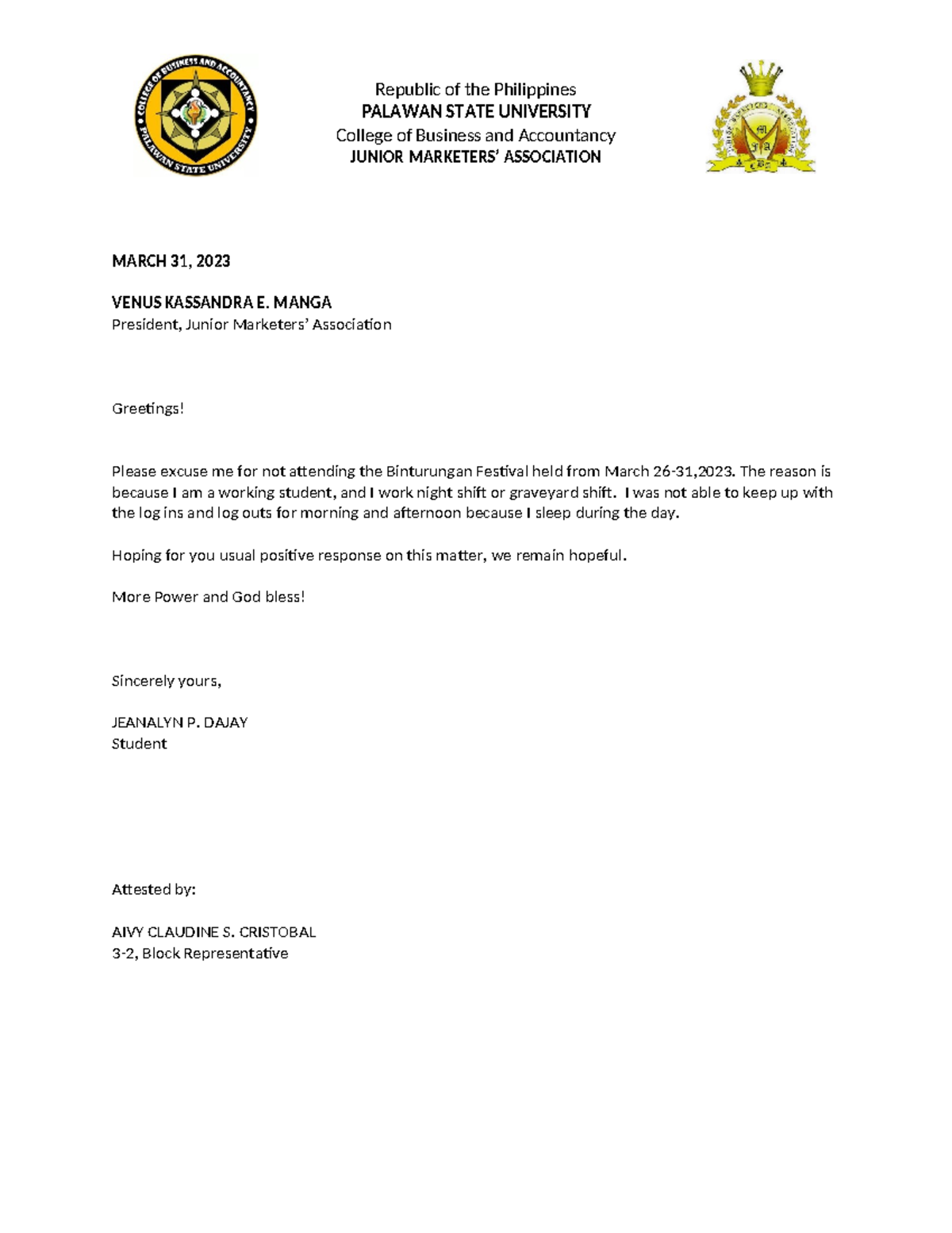 Excuse Letter Template