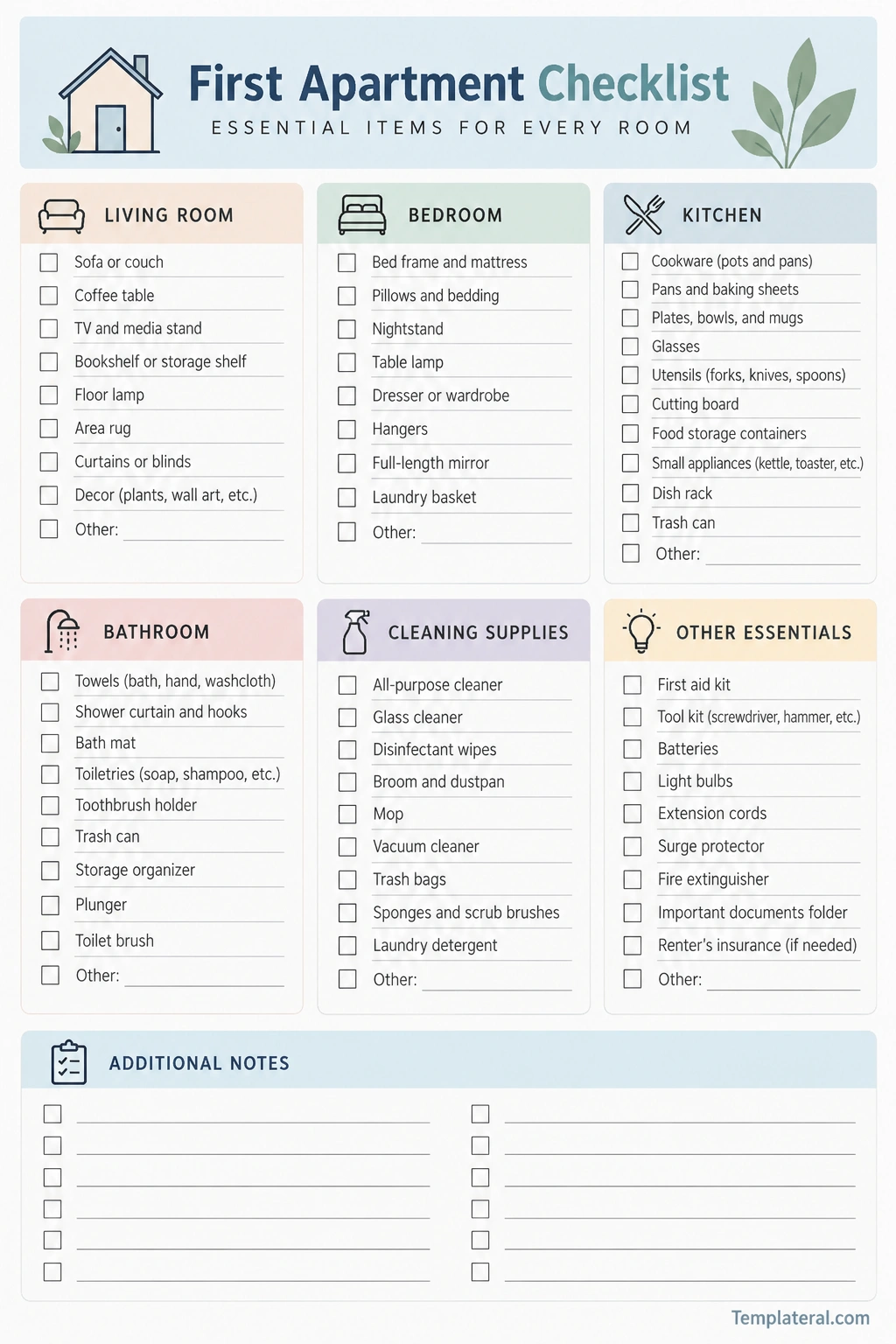 First Apartment Checklist First Apartment Checklist Template with essential items for every room