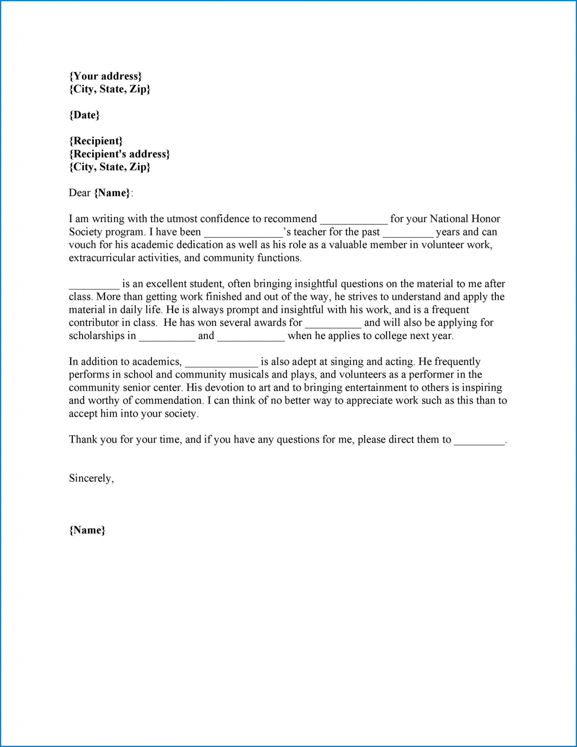 √ Formal Letter Of Recommendation Template