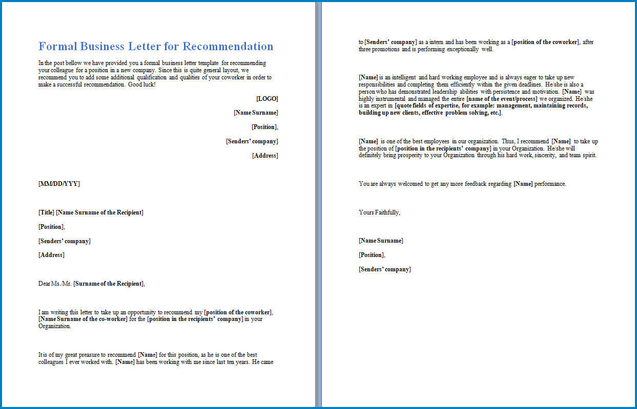 Formal Letter Of Recommendation Template