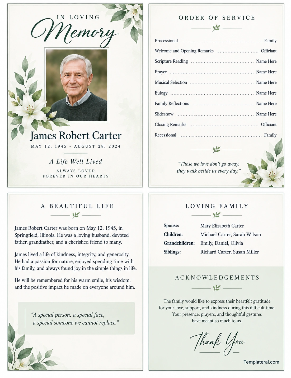 Funeral Program Format Printable funeral program template with memorial cover, order of service, life story, family information, and acknowledgements