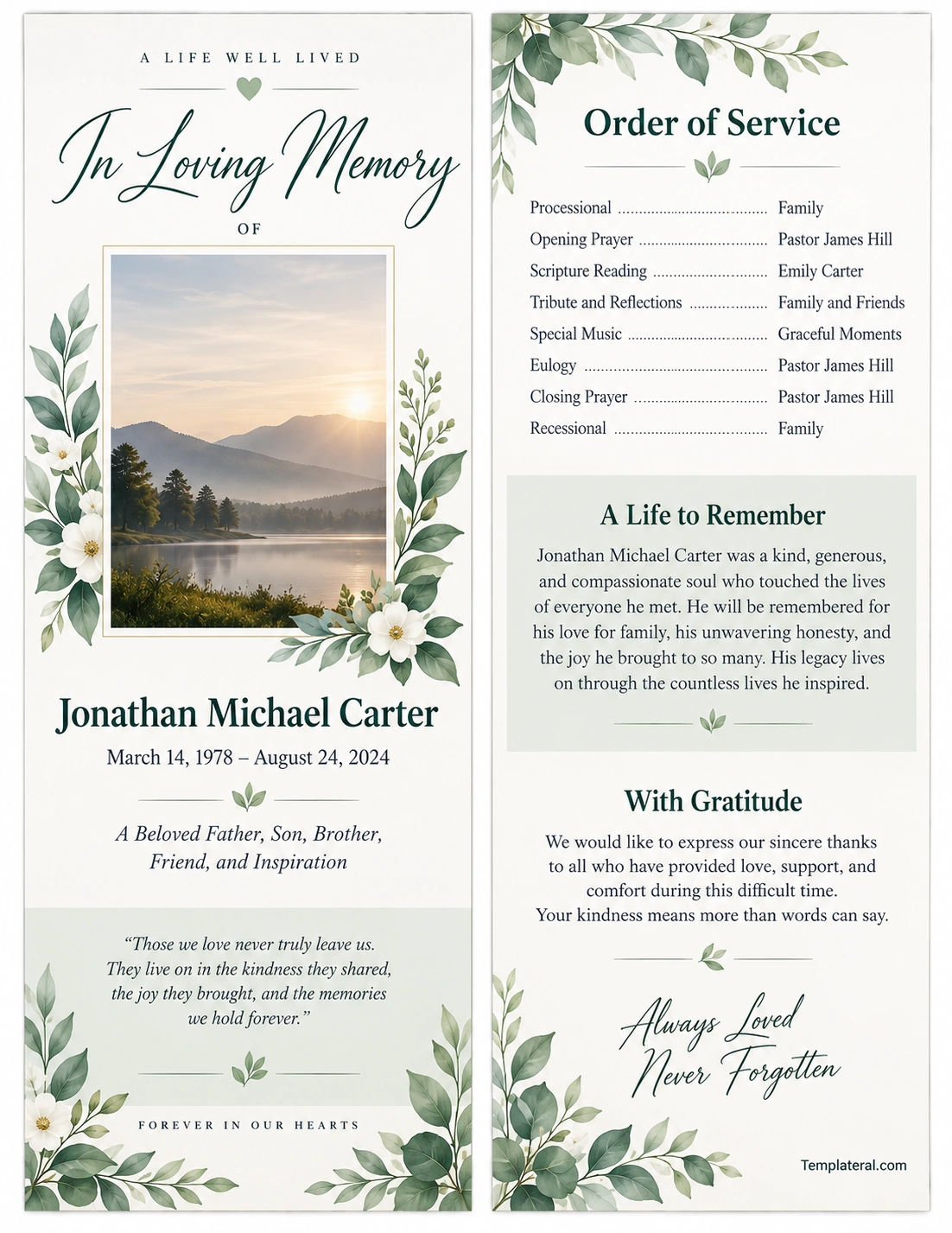 Printable funeral program template with memorial cover, order of service, biography, and gratitude sections Funeral Program Template