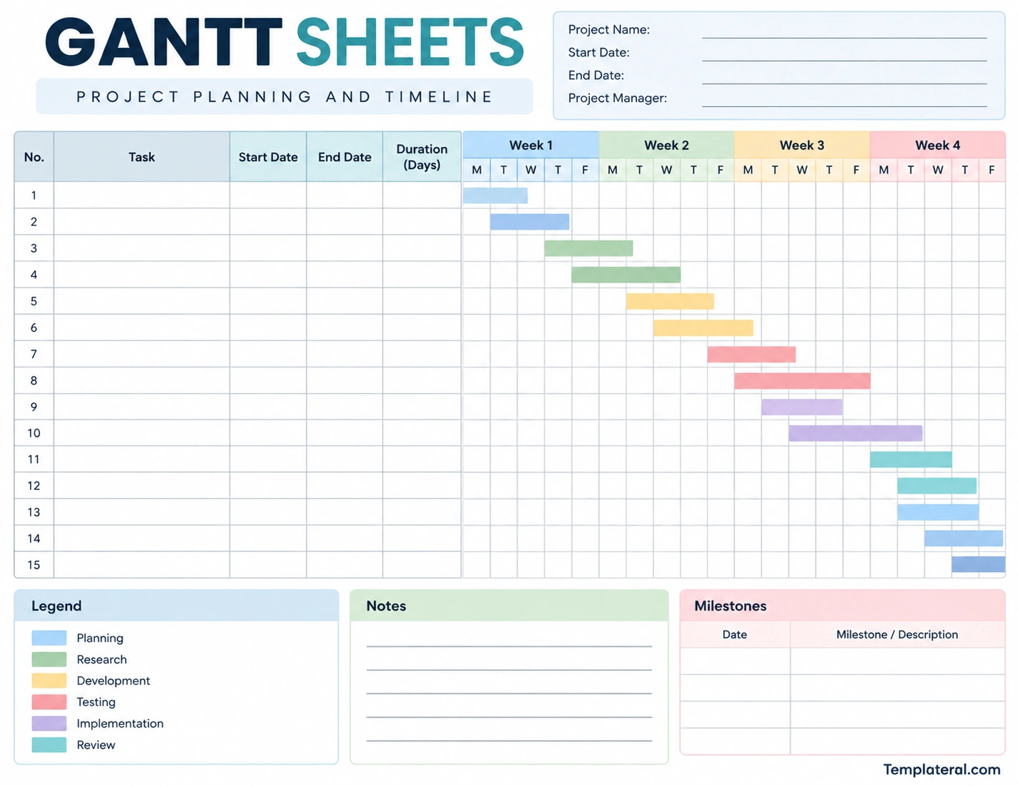 Gantt Sheets Template Printable Gantt sheets template with project tasks, dates, duration, weekly timeline, milestones, notes, and progress bars