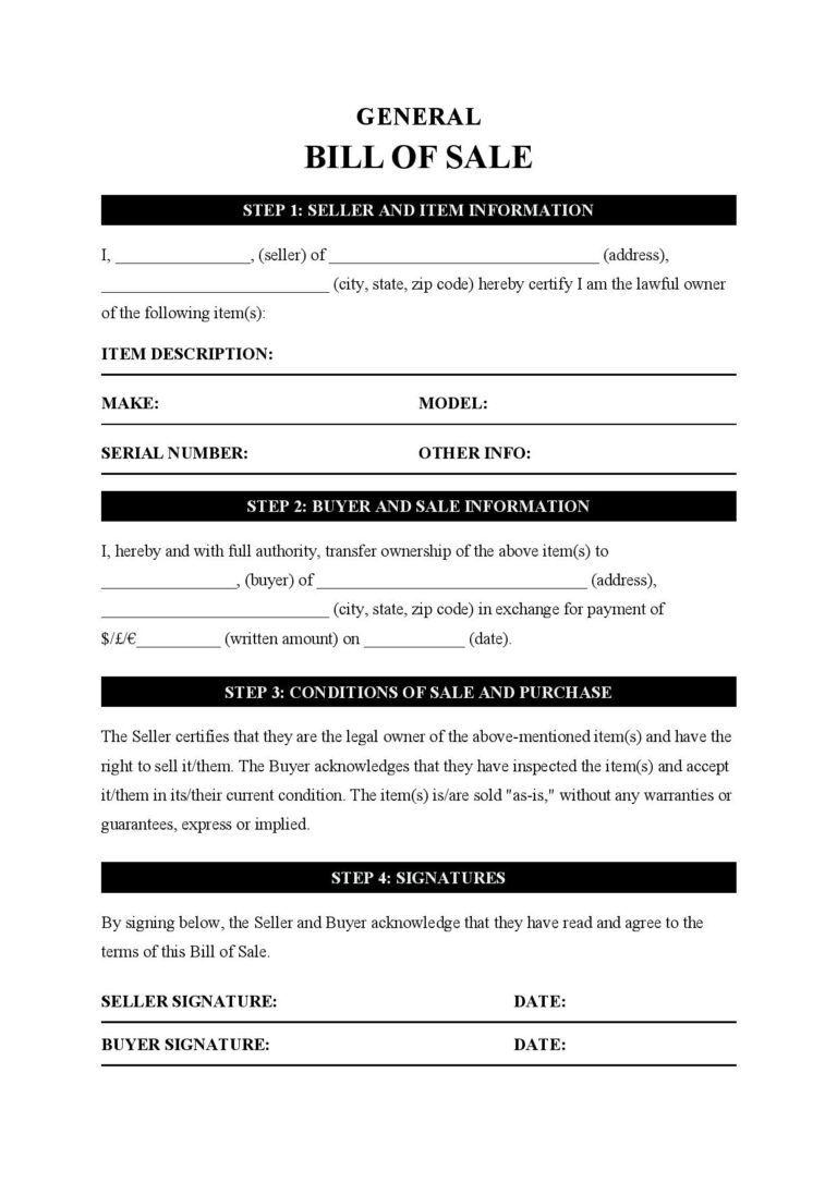 √ Printable Generic Bill of Sale Template