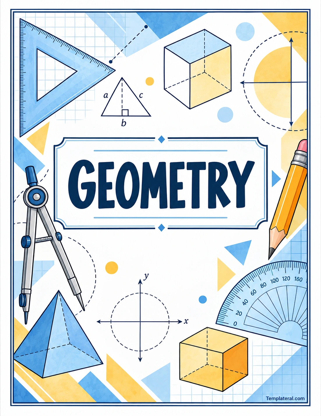 Geometry binder cover template with geometric shapes compass ruler graph and protractor