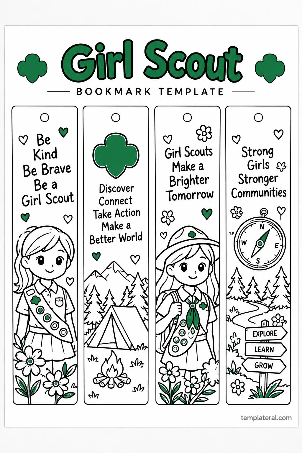 Girl Scout Bookmark Template Printable Girl Scout bookmark template featuring scouting illustrations, inspirational messages, a trefoil emblem, a camping scene, and a compass