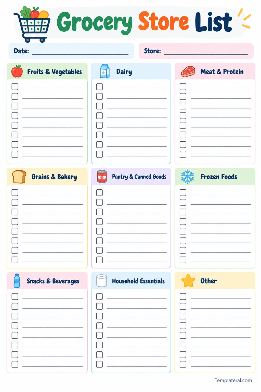 Grocery Store Lists Templates Printable grocery store list template organized by food and household categories