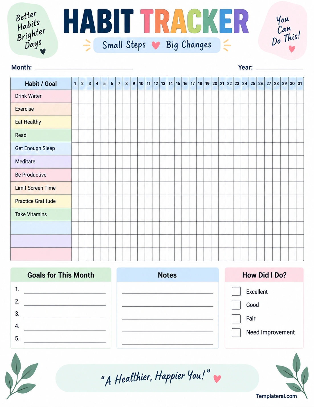 Habit Tracker Printable habit tracker template with daily tracking grid, monthly goals, notes, and progress rating