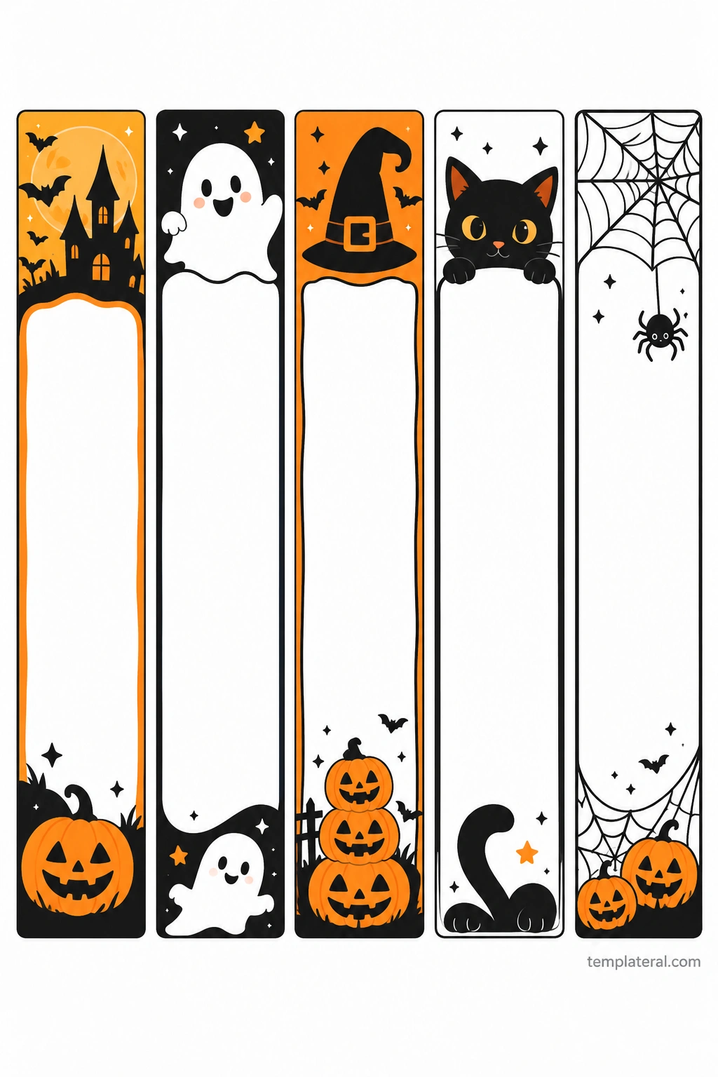 Halloween Bookmark Template Printable Halloween bookmark template with pumpkin, ghost, witch hat, black cat, and spiderweb designs