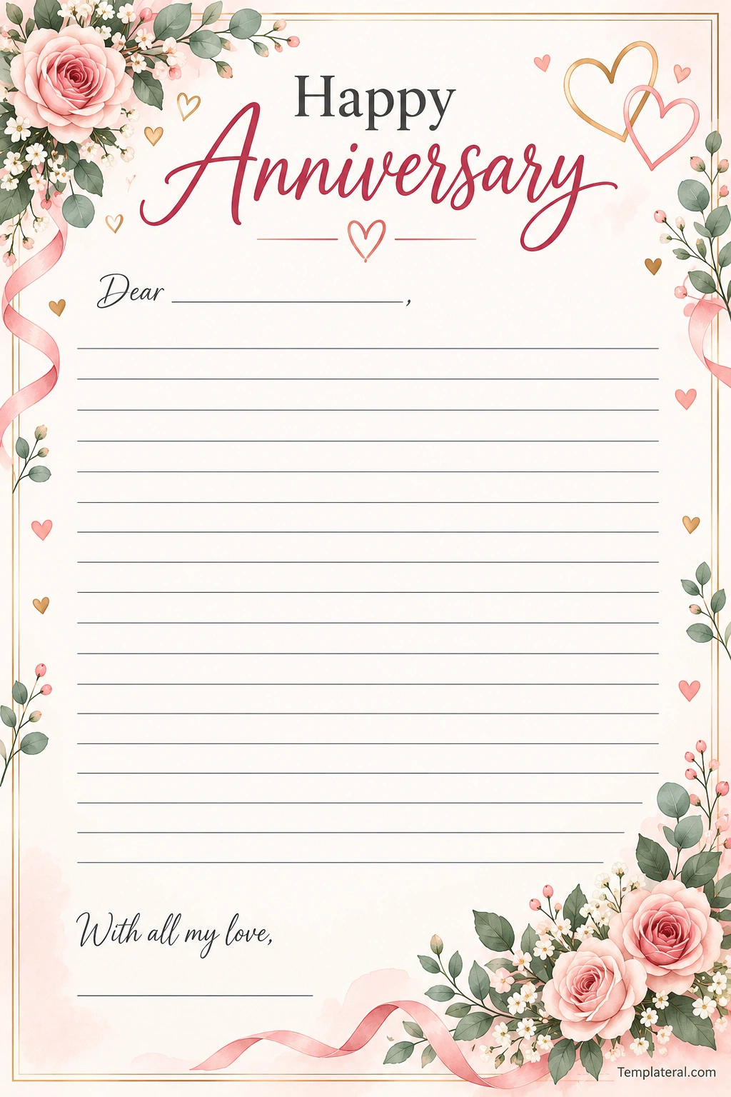 Happy Anniversary Letter Template Printable happy anniversary letter template with elegant stationery design, writing space, romantic message area, and signature section