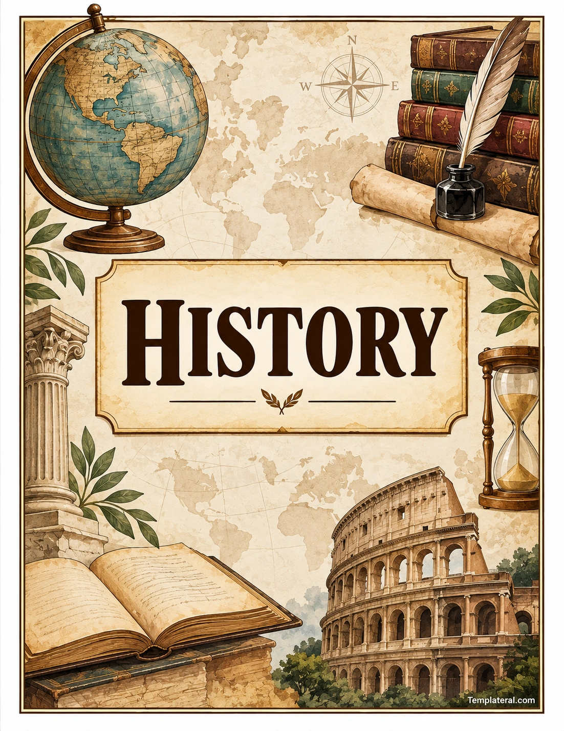 History Binder Cover Template History binder cover template with vintage map globe books and historical landmarks