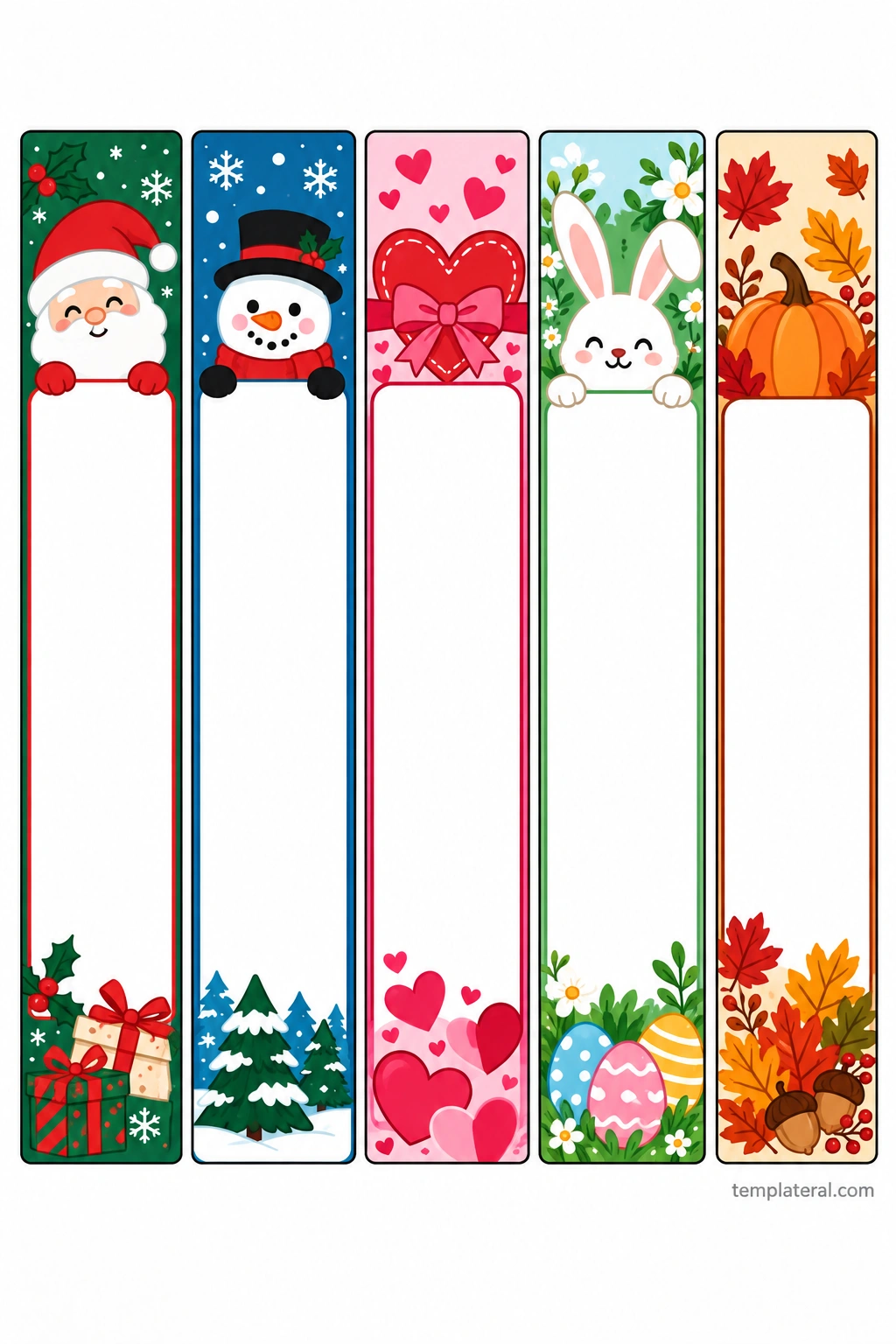 Holiday Bookmark Template Printable holiday bookmark template with Santa Claus, snowman, heart, Easter bunny, and autumn pumpkin designs