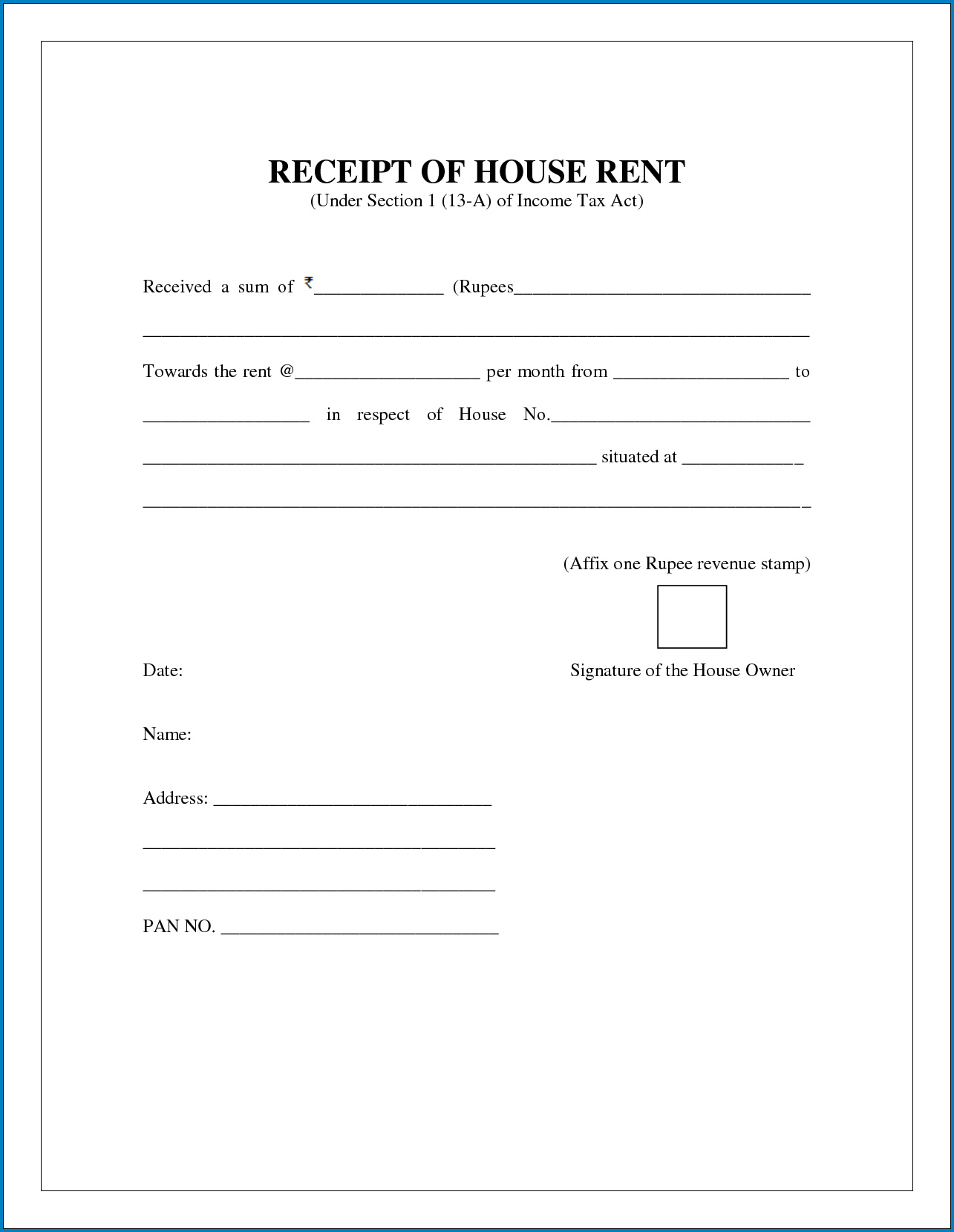 House Rent Receipt Template Sample