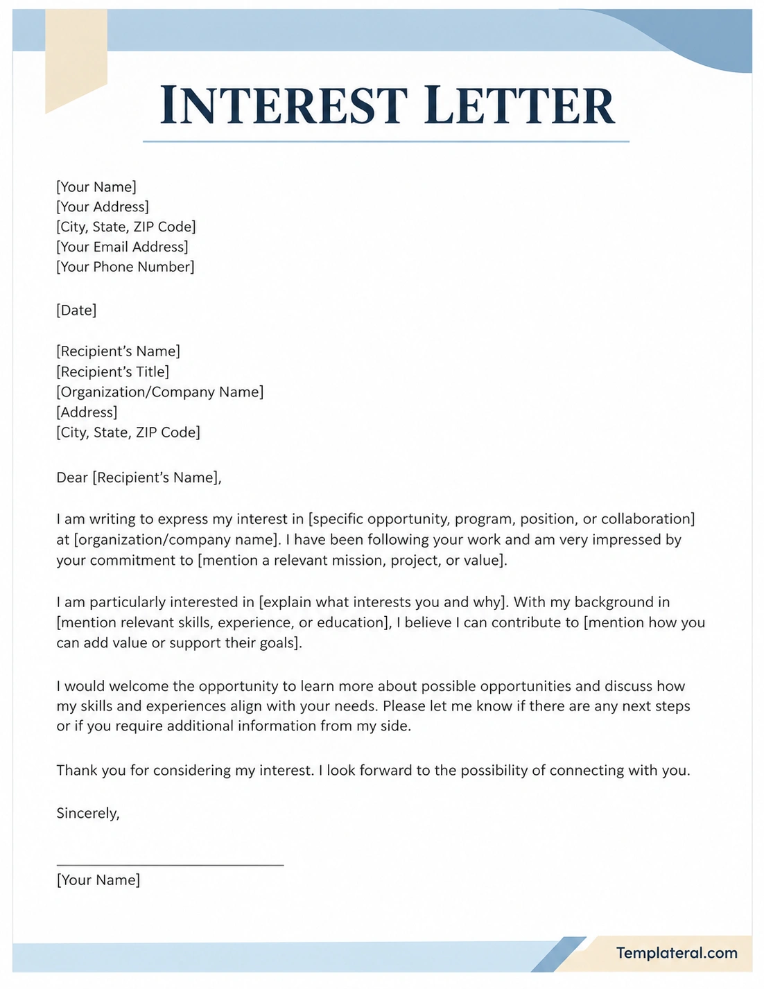 Interest Letter Template Professional interest letter template with contact information, recipient details, introduction, qualifications, and closing