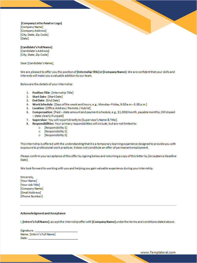 Free Internship Offer Letter Template Word