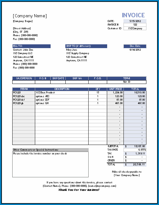 Invoice Template Excel Sample