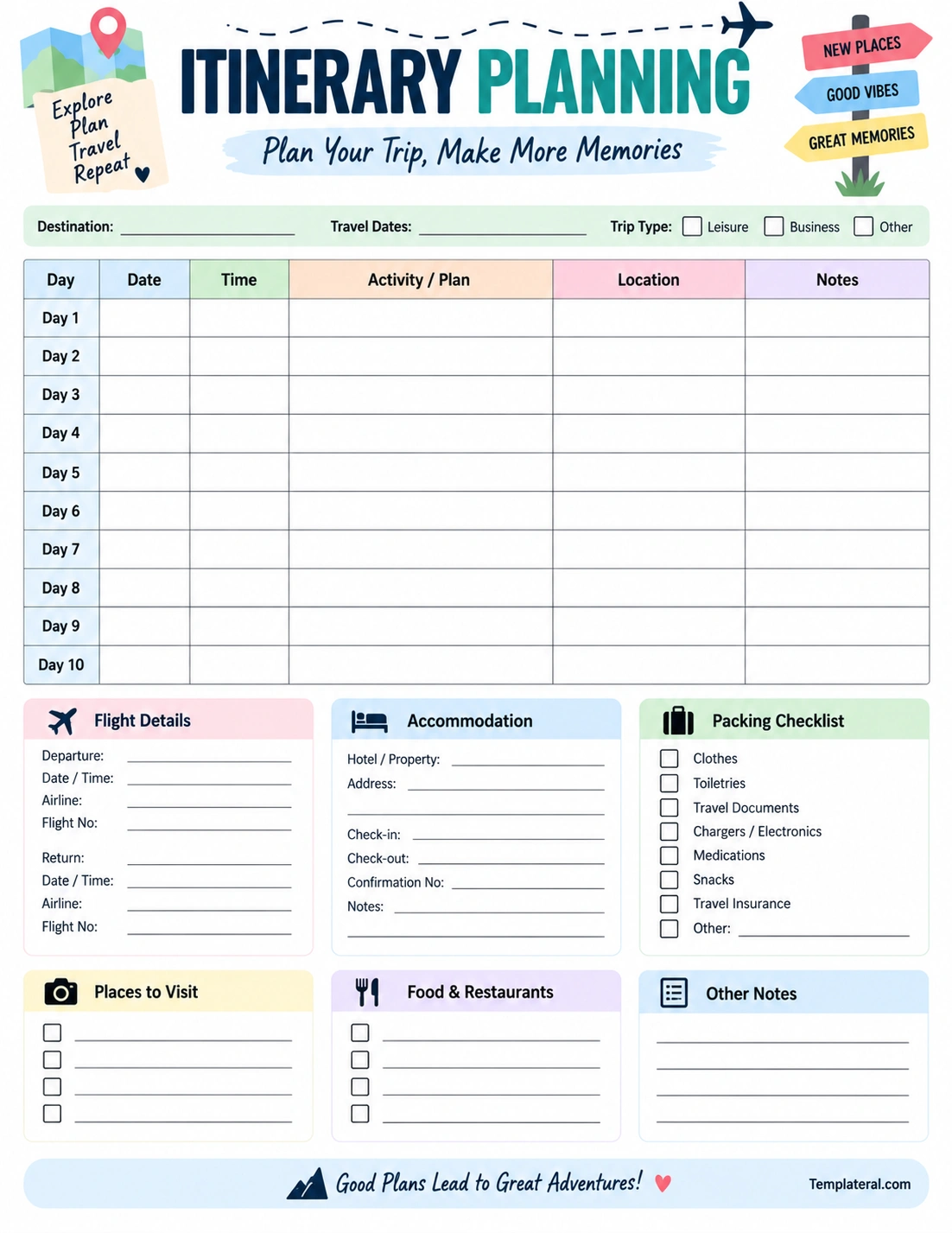 Itinerary Planning Template Printable itinerary planning template with daily schedule, flights, accommodation, packing checklist, and travel notes